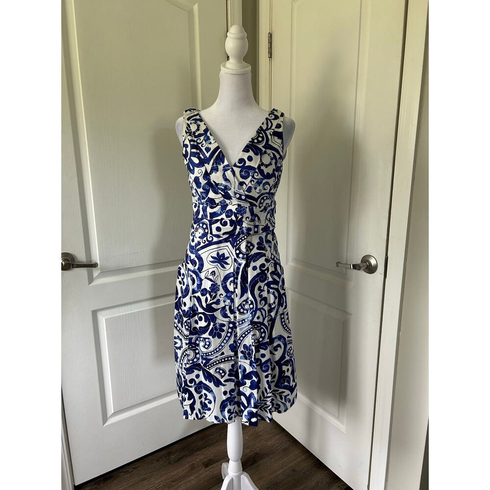 Ralph Lauren, blue and white bold floral midi sleeveless dress, size 4
